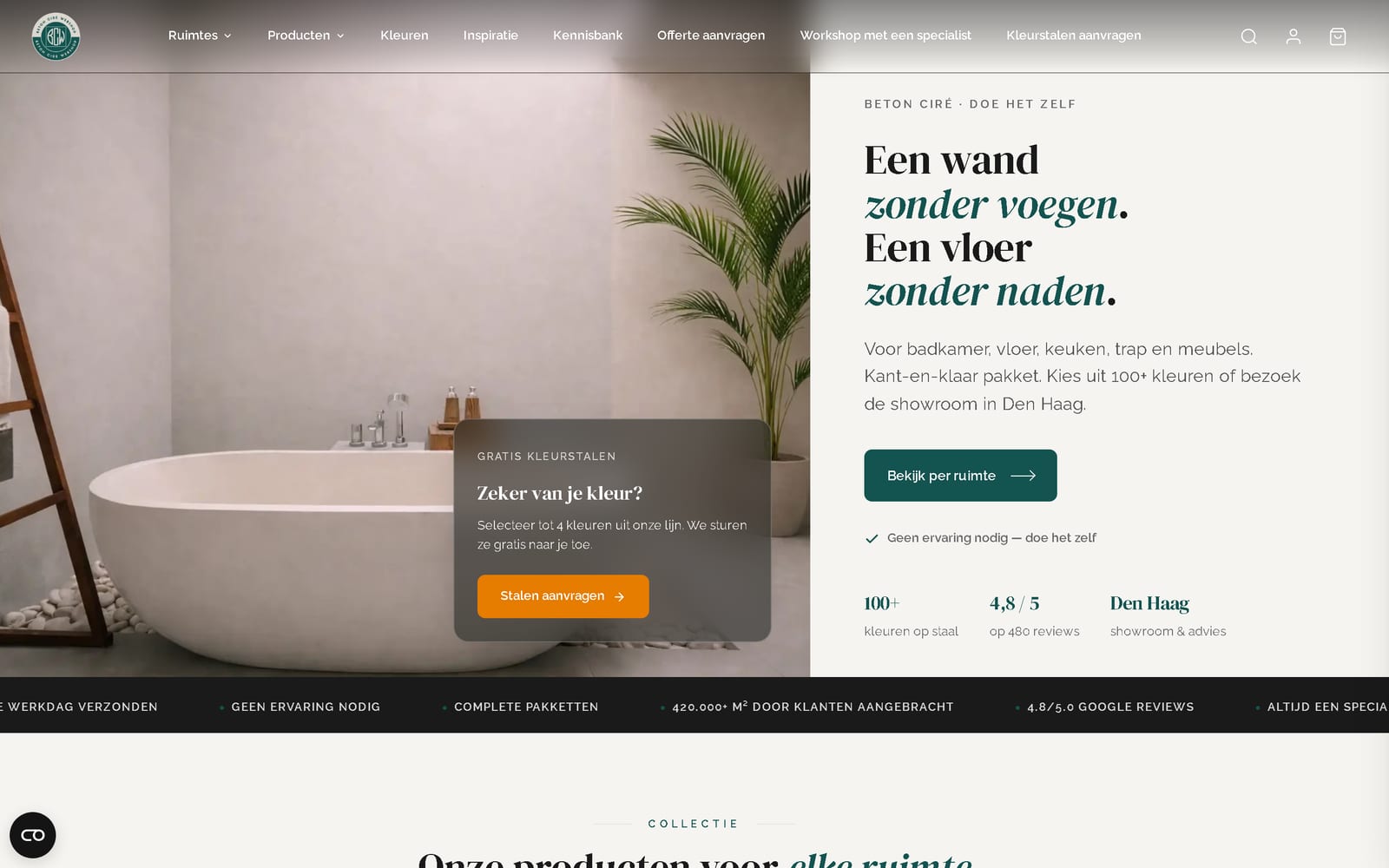 Homepage van de Beton Ciré-webshop met serif-koppen en showroomfotografie